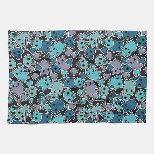 Skulls en harten op zwarte achtergrond 2 theedoek (Horizontaal)