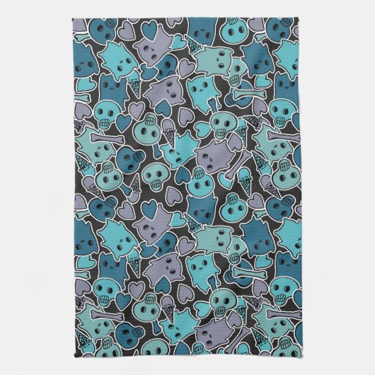 Skulls en harten op zwarte achtergrond 2 theedoek (Verticaal)