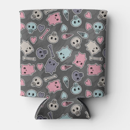 Skulls en harten op zwarte achtergrond blikjeskoeler (Voorkant)