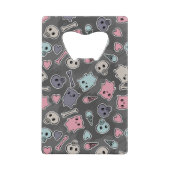 Skulls en harten op zwarte achtergrond creditkaart flessenopener (Voorkant)
