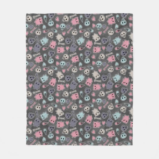 Skulls en harten op zwarte achtergrond fleece deken (Voorkant)