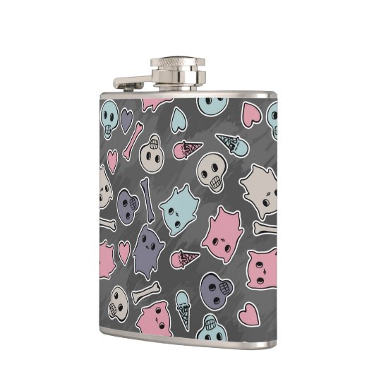 Skulls en harten op zwarte achtergrond heupfles (Links)