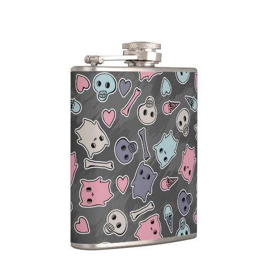 Skulls en harten op zwarte achtergrond heupfles (Rechts)