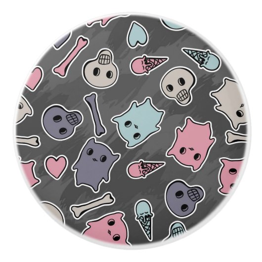 Skulls en harten op zwarte achtergrond keramische knop (Voorkant)