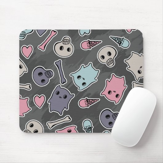 Skulls en harten op zwarte achtergrond muismat (Met muis)