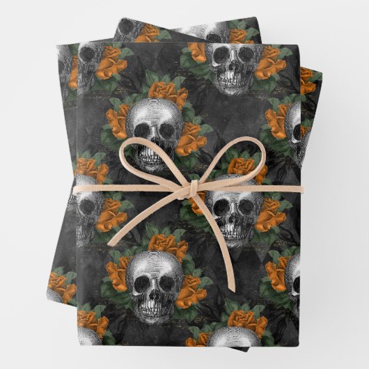 Skulls en Oranje bloemen op Charcol Inpakpapier Vel (In situ)