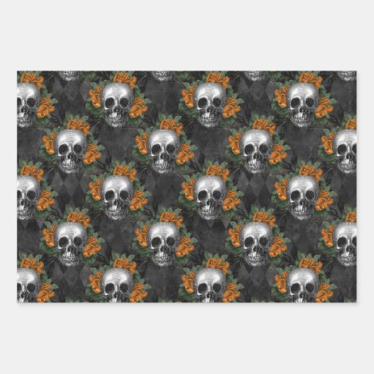 Skulls en Oranje bloemen op Charcol Inpakpapier Vel (Voorkant)