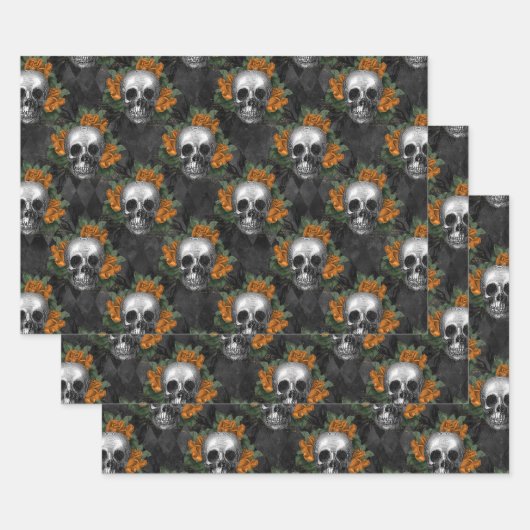 Skulls en Oranje bloemen op Charcol Inpakpapier Vel (Set)