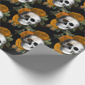 Skulls en Oranje bloemen op zwart Cadeaupapier (Hoek)