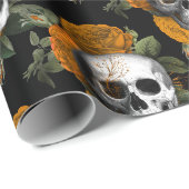 Skulls en Oranje bloemen op zwart Cadeaupapier (Rol Hoek)