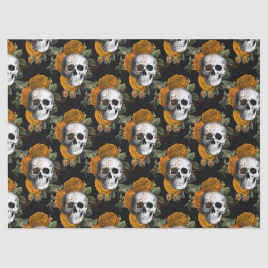 Skulls en Oranje bloemen op zwarte ontkoppeling Tissuepapier (Voorkant)