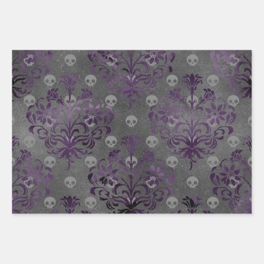 Skulls en Paarse Damask op Grey Inpakpapier Vel (Voorkant 3)