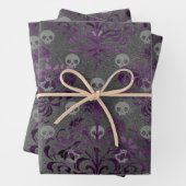 Skulls en Paarse Damask op Grey Inpakpapier Vel (In situ)