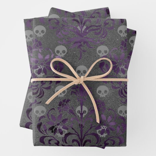 Skulls en Paarse Damask op Grey Inpakpapier Vel (In situ)