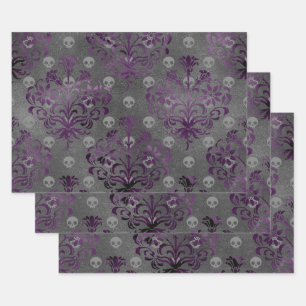 Skulls en Paarse Damask op Grey Inpakpapier Vel