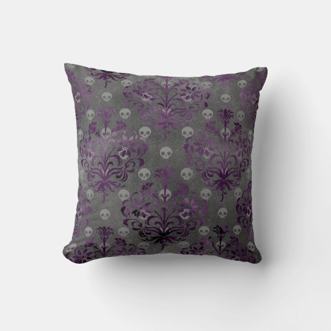 Skulls en Paarse Damask op Grey Kussen (Voorkant)