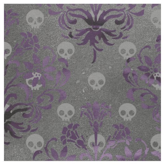 Skulls en Paarse Damask op Grey Stof (Close Up)