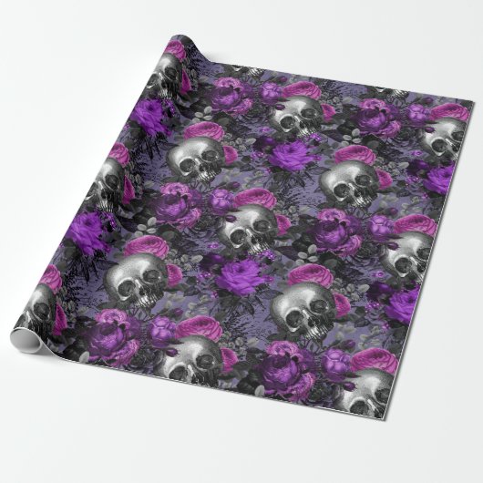 Skulls en Paarse Rozen op lichte Paarse Cadeaupapier (Uitgerold)