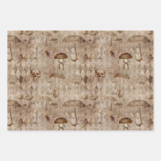 Skulls en paddenstoelen op bruin inpakpapier vel (Voorkant)