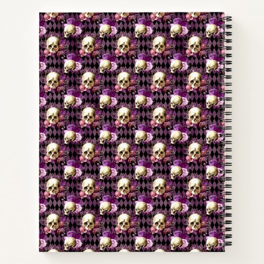 Skulls en Purple Flowers op Harlequin Background Notitieboek (Achterkant)