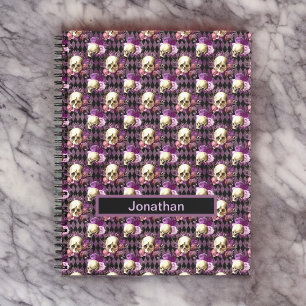 Skulls en Purple Flowers op Harlequin Background Notitieboek