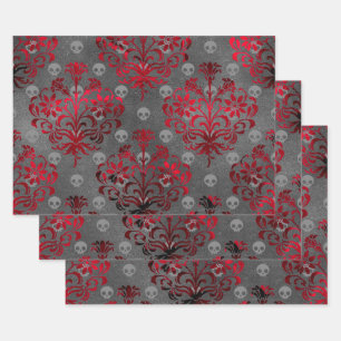Skulls en Red Damask op Grey Inpakpapier Vel