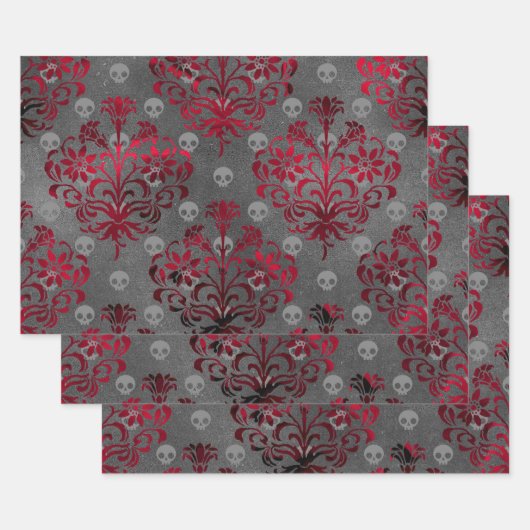 Skulls en Red Damask op Grey Inpakpapier Vel (Set)