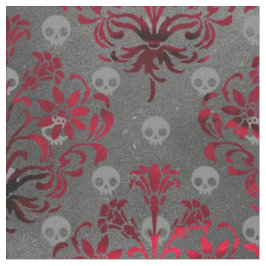 Skulls en Red Damask op Grey Stof