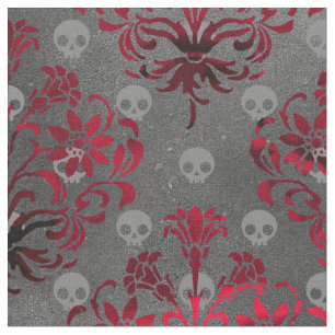 Skulls en Red Damask op Grey Stof