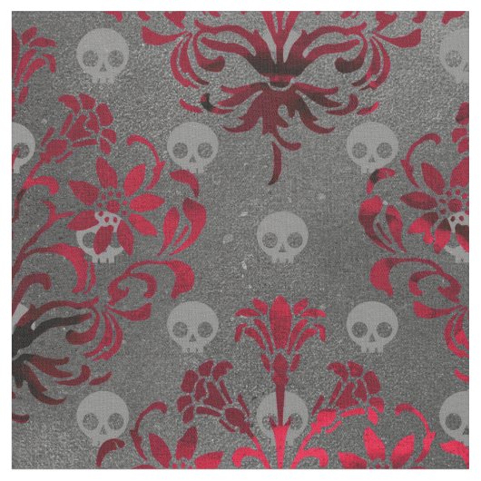 Skulls en Red Damask op Grey Stof (Close Up)