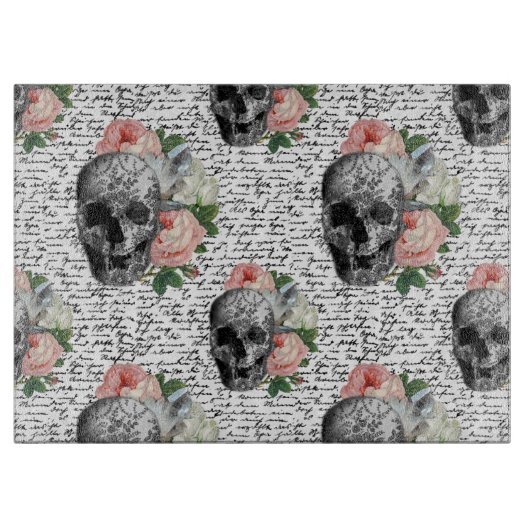 Skulls en roze rozen snijplank (Voorkant)