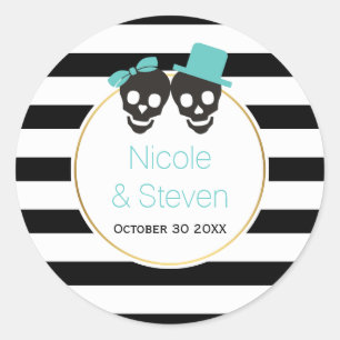 Skulls en strepen aqua blue Halloween bruiloft Ronde Sticker