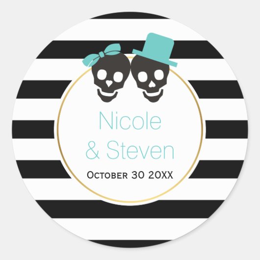 Skulls en strepen aqua blue Halloween bruiloft Ronde Sticker (Voorkant)