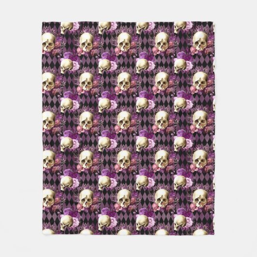 Skulls en Violet Flowers op Harlequin Background Fleece Deken (Voorkant)