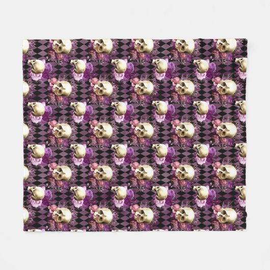 Skulls en Violet Flowers op Harlequin Background Fleece Deken (Voorkant (Horizontaal))