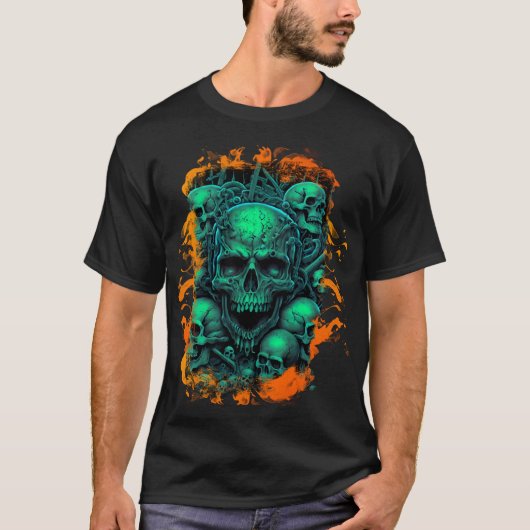 Skulls Flames Enge Groene Kleur Gotische Biker T-shirt (Voorkant)