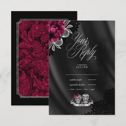 Skulls Gothic Wedding Burgundy ID866 RSVP Kaartje (Voorkant / Achterkant)