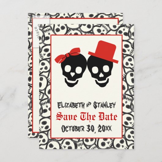Skulls Halloween red black bruiloft Save the Date Aankondigingskaart (Voorkant / Achterkant)