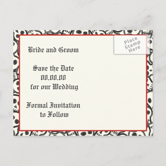 Skulls Halloween red black bruiloft Save the Date Aankondigingskaart (Achterkant)