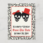 Skulls Halloween red black bruiloft Save the Date Aankondigingskaart (Voorkant)