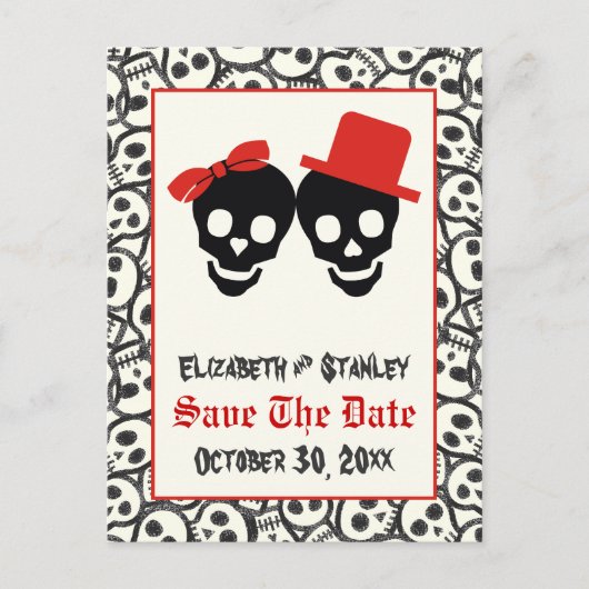 Skulls Halloween red black bruiloft Save the Date Aankondigingskaart (Voorkant)