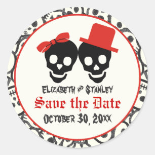 Skulls Halloween red black bruiloft Save the Date Ronde Sticker