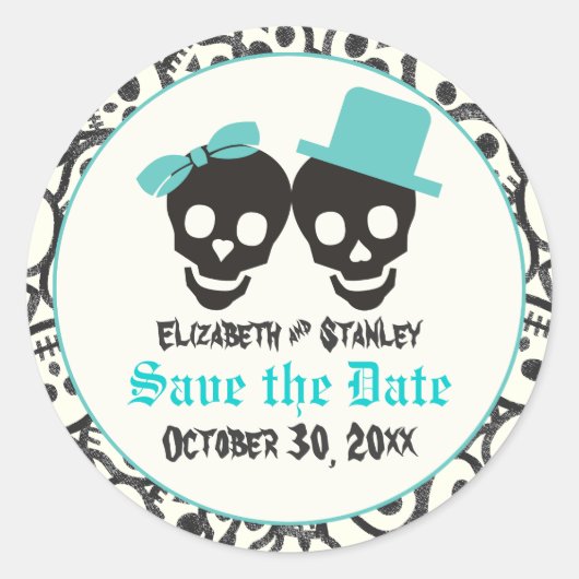 Skulls Halloween Turquoise bruiloft Save the Date Ronde Sticker (Voorkant)