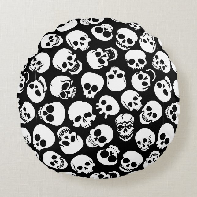 Skulls in Black Background Pattern Rond Kussen (Voorkant)