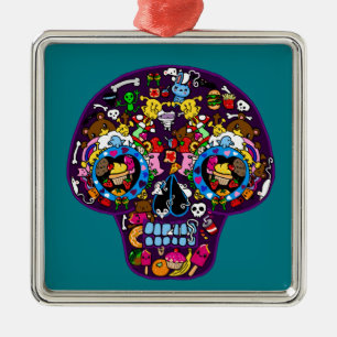 SKULLS - Kawaii Doodle Suiker Kunst door LeahG Metalen Ornament