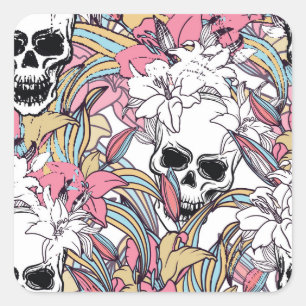Skulls Lily Flowers: Boho . Vierkante Sticker