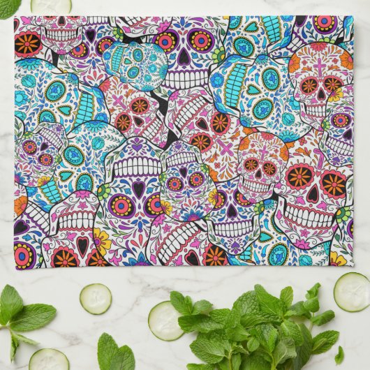 Skulls met bloemen  theedoek (Gevouwen)