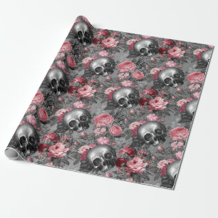 Skulls met roze rozen op grijs cadeaupapier