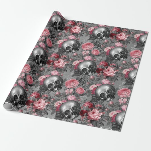 Skulls met roze rozen op grijs cadeaupapier (Uitgerold)
