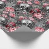 Skulls met roze rozen op grijs cadeaupapier (Hoek)